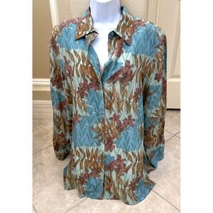 Silk Lore Womens Sz M 100% Silk Long Sleeve Blue Green Floral Button up Blouse